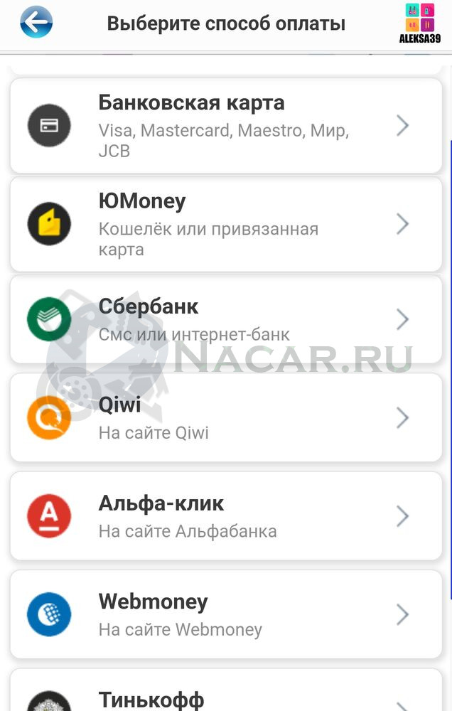 Выбор способа оплаты на сайте Nacar.ru