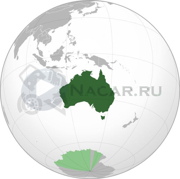 Австралия на карте мира. Светло-зелёным отмечена Австралийская антарктическая территория, на которую претендует Австралия.
