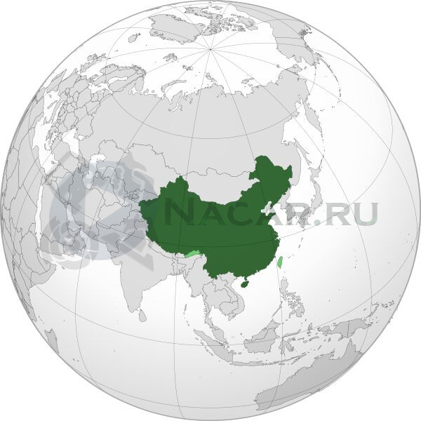 Китай на карте мира. Светло-зелёным обозначены заявленные территории, не контролируемые Китаем